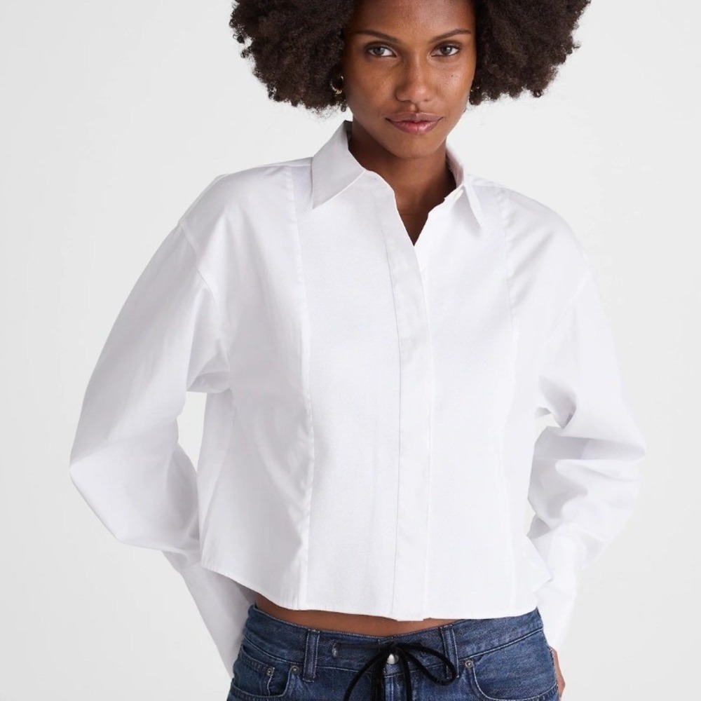 Madewell Straight Hem Tuxedo Style Button Front White Boxy Shirt Top Size XS